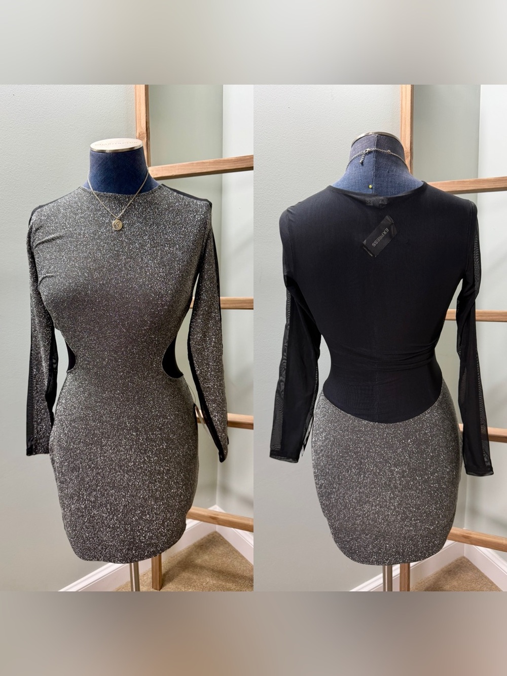 Express Metallic Shimmer Mini Dress Sheer Mesh Long Sleeve Size 0 NWT